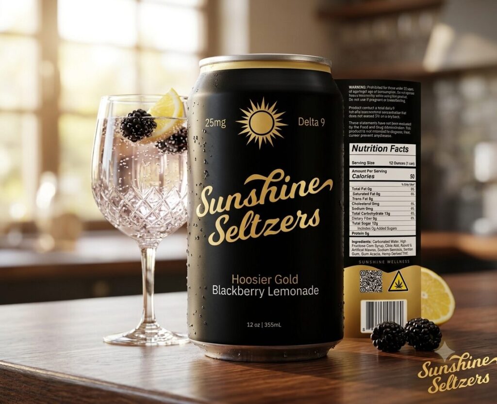 Sunshine Seltzers Hoosier Gold Blackberry Lemonade 25mg Delta 9 can beside a stemmed glass of sparkling seltzer with blackberries and lemon