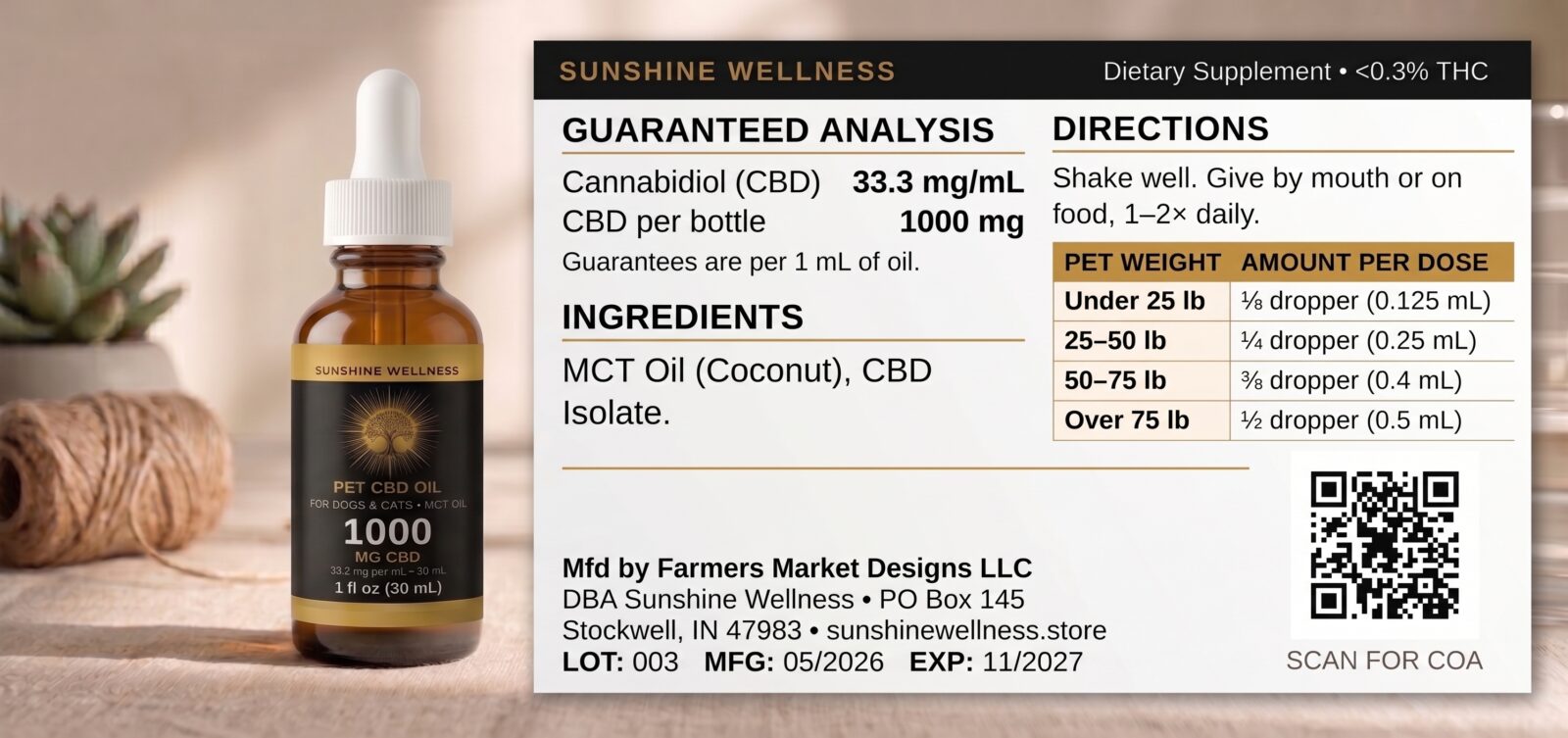 Sunshine Wellness Pet CBD Oil 1000mg bottle with guaranteed analysis and dosing chart