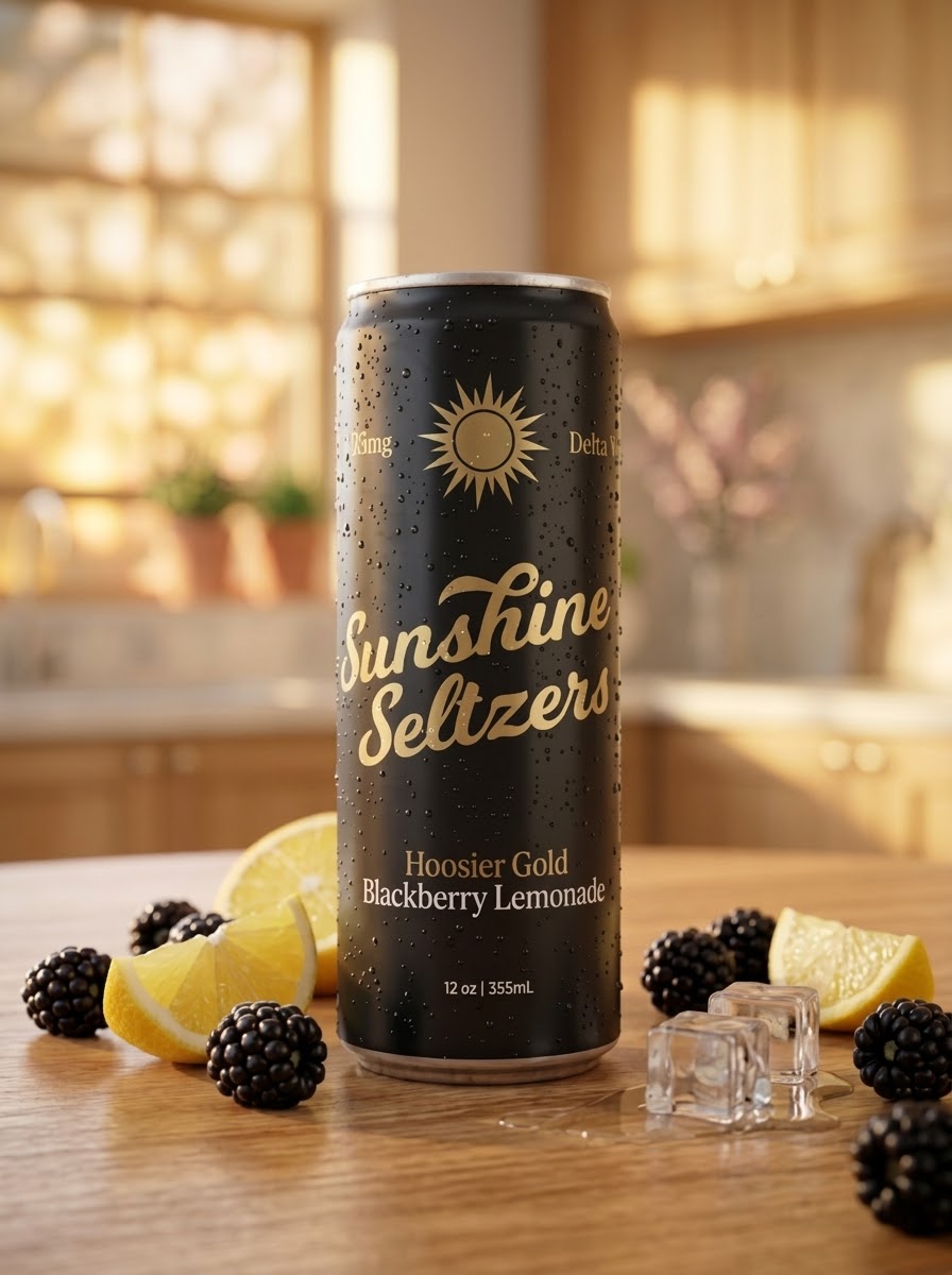 Sunshine Seltzers Hoosier Gold Blackberry Lemonade 25mg Delta 9 can beside a stemmed glass of sparkling seltzer with blackberries and lemon